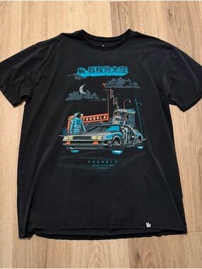 YoungLA Black Graphic Retro Car & Astronaut Gym/Streetwear T-Shirt size XL